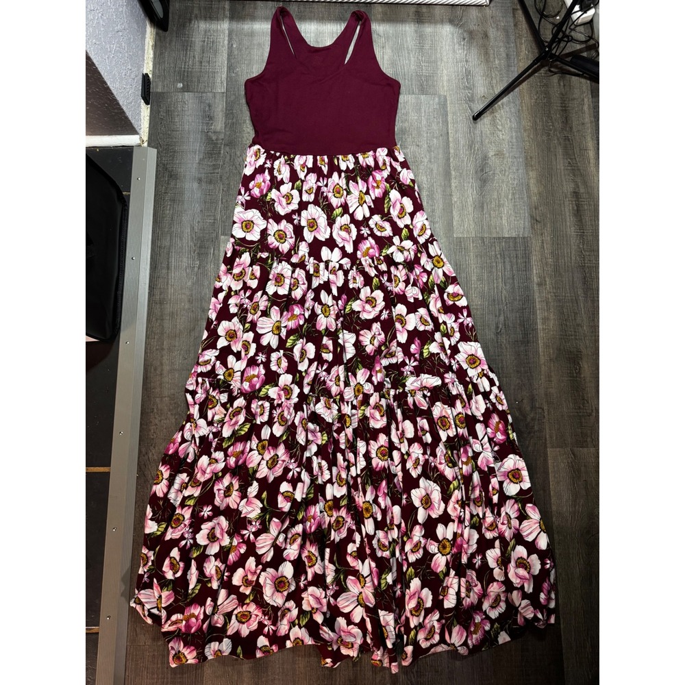 Hand Made Womens Burgundy Floral Racerback Tiered Maxi Dress Wine‎ Pink Boho